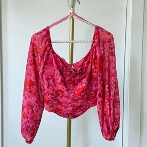 Free People Red & Pink Floral Smocked Blouse